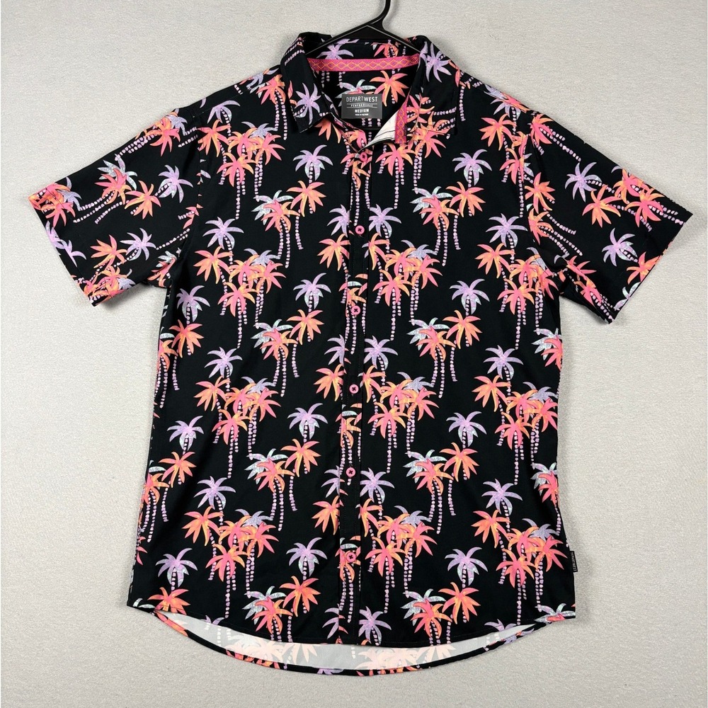 Departwest Performance Palm Tree Print Button Down Shirt Medium Black DW141CA